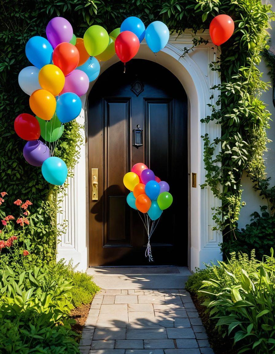 A serene pathway leading to a glowing door, symbolizing the journey to happiness. Alongside the path, colorful representations of innovative software solutions, such as mobile apps and digital interfaces, float like balloons. The atmosphere is uplifting, with soft clouds and vibrant greenery surrounding. A gentle light emanates from the door, inviting viewers in. super-realistic. vibrant colors. ethereal background.