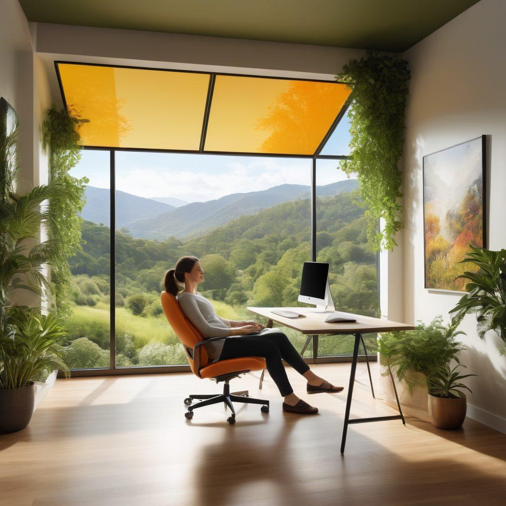 A joyful person sitting at a sleek digital workspace, surrounded by floating colorful icons representing various software solutions, with a radiant sun shining through a window symbolizing happiness and accessibility. The background features a serene landscape of nature harmonizing technology. super-realistic. vibrant colors. clean, minimalistic design.