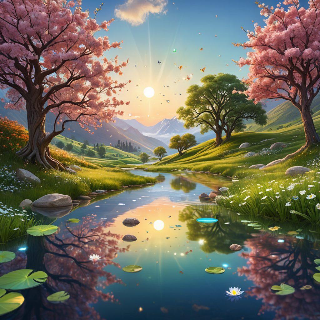 A serene landscape featuring a person meditating under a blossoming tree, surrounded by floating icons representing various mental wellness apps. Soft light filtering through the leaves, creating a calm and inviting atmosphere. The background shows gentle hills and a bright sky, symbolizing a journey towards happiness and tranquility. Include elements of technology subtly integrated into nature, like a calm stream with app icons floating on the water. vibrant colors. super-realistic.